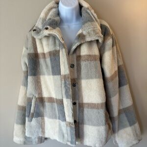 Cozy Plaid Teddy Jacket - Cream, Gray, and Tan